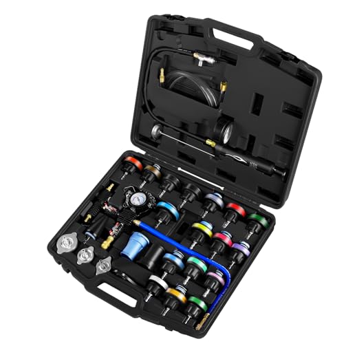 JIFETOR Radiator Coolant Pressure Tester Vacuum Refill Tool Kit, 28PCS Automotive Cooling System Leak Test and Pneumatic Purge Fill Set with Testing Adapter Caps Universal for Airlift Car Auto Truck - color: Black Case