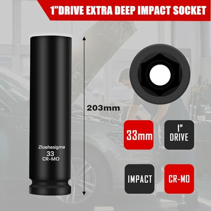 1" Drive 33mm Extra Deep Impact Socket Set,8-Inch Long,6-Point Axle Nut Socket for Easy Removal of Axle Shaft Nuts,Metric, CR-MO Steel