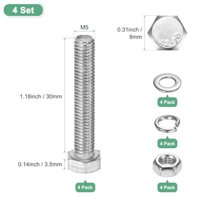 M METERXITY 4-Pack Hex Head Screw Bolt with Nuts Flat & Lock Washers M5x30mm Stainless Steel Bolts and Nuts Kit Fully Threaded Metric Bolt Assortment for Equipment/Machinery - size: M5 x 30mm