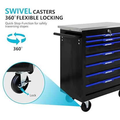 7 Drawer Heavy Duty Rolling Tool Chest, Mobile Metal Lockable Tool Cart with Stainless Steel Worktop, Garage Tool Storage Cabinet for Workshop Auto Repair, Black & Blue, 30.7" H × 25.9" W - size: 7 Drawers
