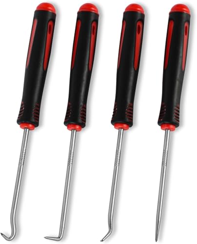 Lockpick Set, Hook and Pick Set 4 Piece, O Ring Pick Tool Set with Comfort Grip, Precision Automotive Pick Tool for Oil Seal and Gasket Removal, Lock Pick Set Kit for Electronic Repair, Black and Red