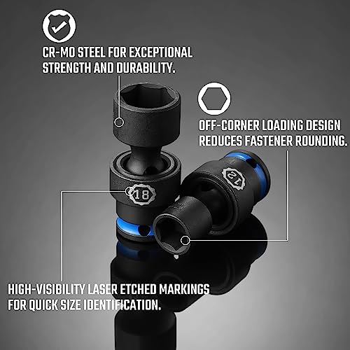DURATECH 3/8" Drive Impact Universal Joint Socket Set, 11-Piece, 8mm-19mm | Swivel Socket Set, 360° Rotation, Cr-Mo Steel, Corrosion Resistance, 24° Working Angle, Organized in EVA Foam Organizer - size: 11pc