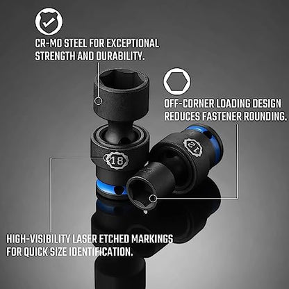 DURATECH 3/8" Drive Impact Universal Joint Socket Set, 11-Piece, 8mm-19mm | Swivel Socket Set, 360° Rotation, Cr-Mo Steel, Corrosion Resistance, 24° Working Angle, Organized in EVA Foam Organizer - size: 11pc