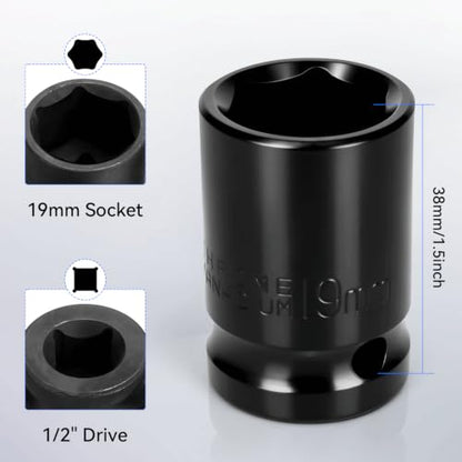 2PCS 19mm Impact Socket 1/2" Drive, 6 Point Metric Shallow Socket, CR-V Steel Heavy Duty Impact Wrench Socket for Automotive Repair - size: 19mm