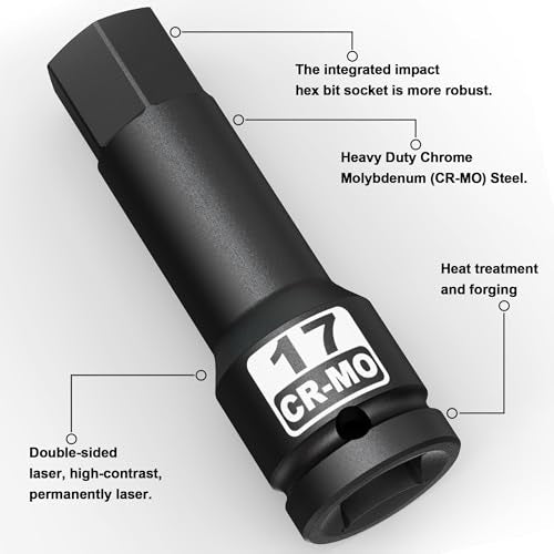 1/2" Drive 17 mm Hex Impact Bit Socket, H17 Allen Bit Socket, Metric, Cr-Mo Steel, Automotive Repair Industrial Maintenance and DIY Enthusiasts Alike - size: 1/2" H17 Deep