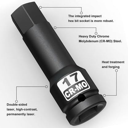 1/2" Drive 17 mm Hex Impact Bit Socket, H17 Allen Bit Socket, Metric, Cr-Mo Steel, Automotive Repair Industrial Maintenance and DIY Enthusiasts Alike - size: 1/2" H17 Deep