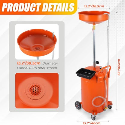 20 Gallon Waste Oil Drain Tank, Portable Air Operated Drainer With Adjustable Funnel Height 38"-65", Portable Oil Drain Container,15" Funnel Fluid Fuel Transfer Drainage With 360° Wheels & Toolbox - color: Orange