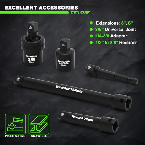 TecoTek 3/8" Drive Impact Socket Set, 49-Piece Standard SAE (5/16"-3/4") and Metric (8mm-22mm), 6 Point, Cr-V, Extension Bars, 1/2" F to 3/8" M Reducer, Universal Joint and Power Drill Adapter - size: 3/8" Drive 49pcs Impact Socket Set