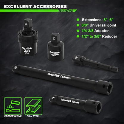 TecoTek 3/8" Drive Impact Socket Set, 49-Piece Standard SAE (5/16"-3/4") and Metric (8mm-22mm), 6 Point, Cr-V, Extension Bars, 1/2" F to 3/8" M Reducer, Universal Joint and Power Drill Adapter - size: 3/8" Drive 49pcs Impact Socket Set