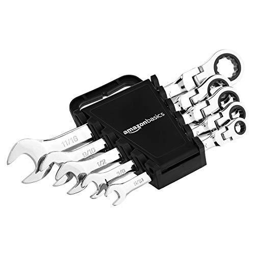 Amazon Basics 72-Tooth Ratcheting Combination Wrench Set, Chrome Vanadium Steel Flexible Head, 5-Piece SAE Sizes 5/16", 3/8", 1/2", 9/16", 11/16", Chrome Finish - style: SAE