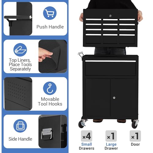 5-Drawer Rolling Tool Chest with Wheels and Locking System, Portable Tool Cabinet for Garage, Workshop, Mechanic, Heavy Duty Tool Box with Drawers, Detachable Storage for Home and Shop, Black - style: 5-Drawer Tool Box