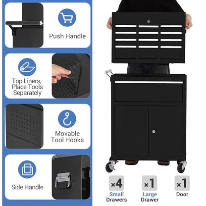 5-Drawer Rolling Tool Chest with Wheels and Locking System, Portable Tool Cabinet for Garage, Workshop, Mechanic, Heavy Duty Tool Box with Drawers, Detachable Storage for Home and Shop, Black - style: 5-Drawer Tool Box