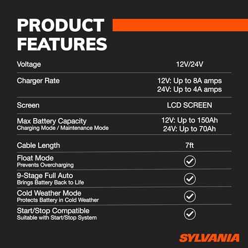 SYLVANIA - Smart Charger - Heavy-Duty, Portable Car Battery Charger - Make Charging Your Car Battery Easy - Use as Battery Maintainer & Charger - 12V or 24V Voltage Output - 8 AMP