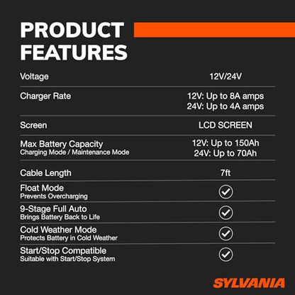SYLVANIA - Smart Charger - Heavy-Duty, Portable Car Battery Charger - Make Charging Your Car Battery Easy - Use as Battery Maintainer & Charger - 12V or 24V Voltage Output - 8 AMP