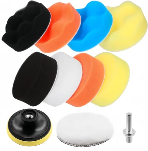 11Pcs 3 Inch Car Foam Drill Polishing Pad Kit, 5 Color Graded Sponge Buffing Pads + Wool Buff Pad, Hook & Loop Backing Plate with M10 Drill Adapter for Auto Detailing, Polishing, Waxing, Sealing Glaze