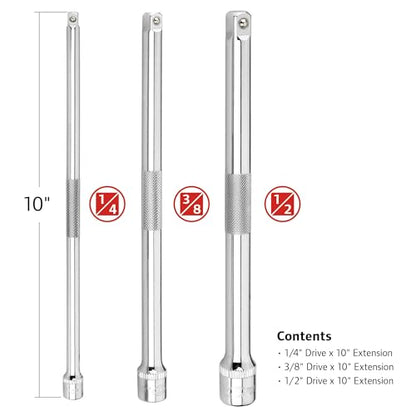 Ingersoll Rand 3-Piece Extension Bar Set with Storage Tray, 10-Inch Chrome Vanadium Extensions in 1/4", 3/8", and 1/2" Drive with Reusable Storage Tray, Mirror-Polished Finish - 752056X - style: Extension Bar