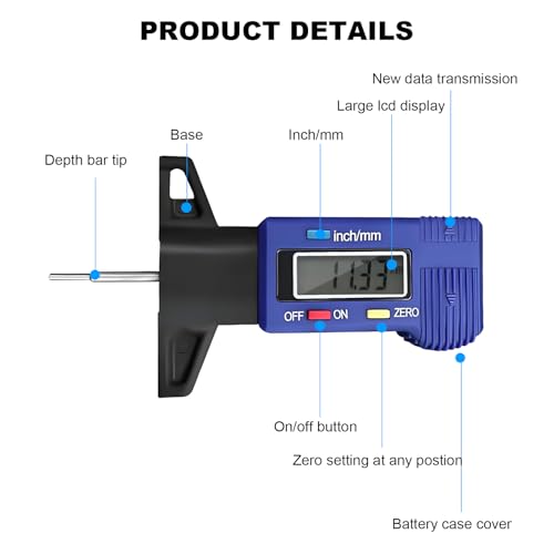 Digital Tire Tread Depth Gauge, 1 Inch/25.4 mm Metal Tread Depth Measurement with LCD Display, Accurate Zeroable Tire Depth Measuring Tool for Cars Trucks Vans SUVs (Blue) - color: Blue