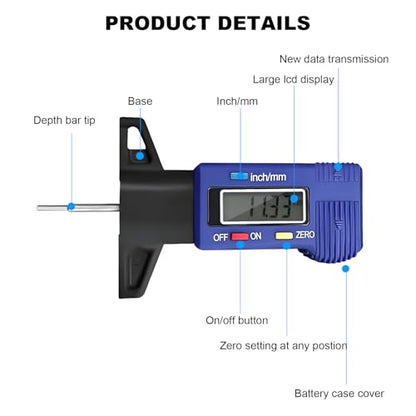 Digital Tire Tread Depth Gauge, 1 Inch/25.4 mm Metal Tread Depth Measurement with LCD Display, Accurate Zeroable Tire Depth Measuring Tool for Cars Trucks Vans SUVs (Blue) - color: Blue