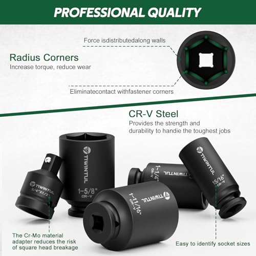 Axle Nut Socket Set, 1/2" Drive SAE Impact Socket 15/16 to 1-3/4 | 11Pcs, CR-MO 3/4 to 1/2 Adapter, 6-Point Design Heavy Duty Socket Set for Large Auto Repairs, Agricultural implement - size: 11 PCS(SAE)