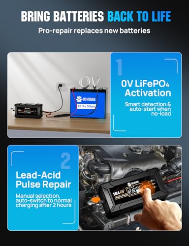 DC House 12V 10A LiFePO4 Battery Charger, Smart Trickle Charger Fully Automatic Maintainer Desulfator for Lead-Acid & LiFePO4 Batteries Car Motorcycle Truck Lawn Mower