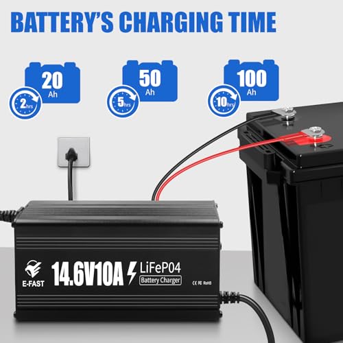 E-FAST 12V 10A Lithium Battery Charger, 14.6V LiFePO4 Battery Charger with Premium Aluminum Housing - 0V Activation for Golf Cart, RV, Marine, Boat, Trolling Motor - Includes Anderson Connector