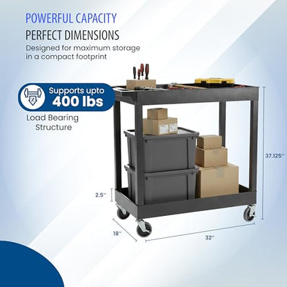 Luxor 32" x 18" Tub Storage Cart 2 Shelves - Black, (EC11-B) | Heavy-duty HDPE plastic utility rolling station with 4 inch swivel casters; ideal for mechanic garage, warehouse and office