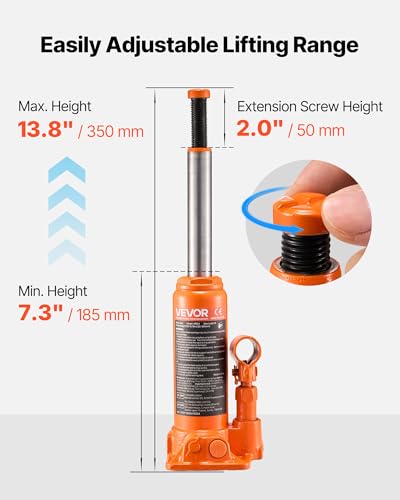 VEVOR Hydraulic Bottle Jack, 4 Ton (8818.4 lbs) Capacity, 7.3-13.8 Inch Lifting Range, Heavy Duty Welded Bottle Jack for Car, SUV, Pickup, Auto Repair, House Lift and Agricultural Equipment, Orange - size: 4T