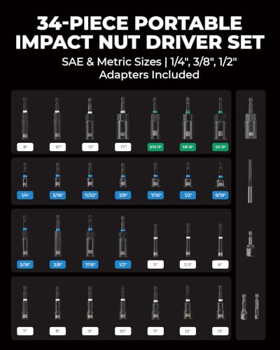 toolant Magnetic Nut Driver Set 34 Piece, Impact Driver Bit Set, Deep Nut Driver, Impact Socket Adapters, Wing Nut Driver, Tough Gift Case - style: 34pcs assorted