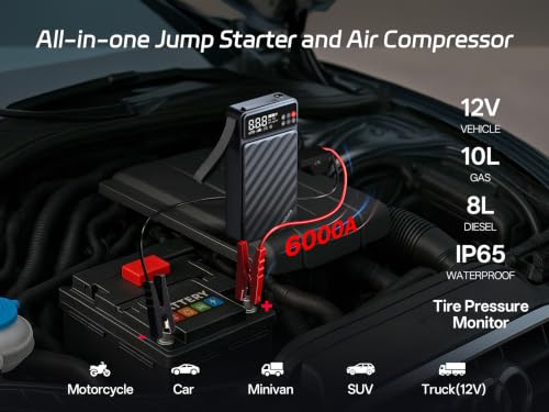 Pelsee 6000A Jump Starter with Air Compressor, Up to 10L Gas/8L Diesel Car Jump Box with 45W Fast Charge, Smart Tire Inflator & 800LM LED Light