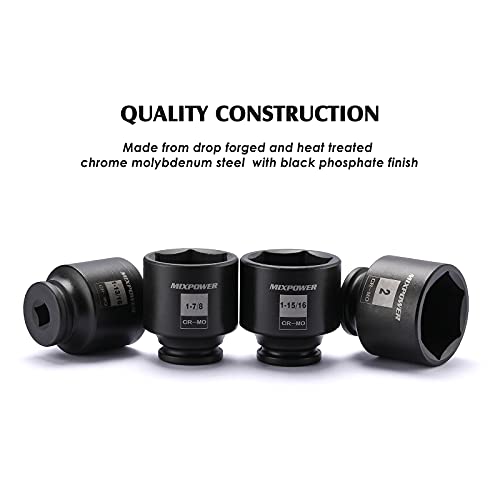MIXPOWER 1/2-Inch Drive Impact Socket Set, Inch, Cr-Mo, 6 Point, 1-13/16",1-7/8", 1-15/16", 2", 4-Piece 1/2" Dr. Spindle Axle Nut Impact Socket Set, Impact Grade - size: Shallow