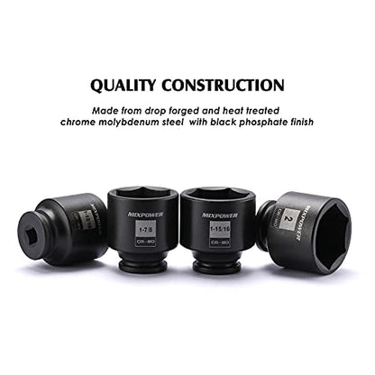 MIXPOWER 1/2-Inch Drive Impact Socket Set, Inch, Cr-Mo, 6 Point, 1-13/16",1-7/8", 1-15/16", 2", 4-Piece 1/2" Dr. Spindle Axle Nut Impact Socket Set, Impact Grade - size: Shallow