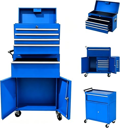 Heavy Duty 5 Drawer Tool Chest, Rolling Tool Box Cabinet on Wheels, 2-in-1 Detachable Metal Tool Storage Organizer for Garage and Workshop, Locking Steel Tool Cart with Portable Top Tool Box, Blue - color: Blue, size: 20 inch 5 Drawers