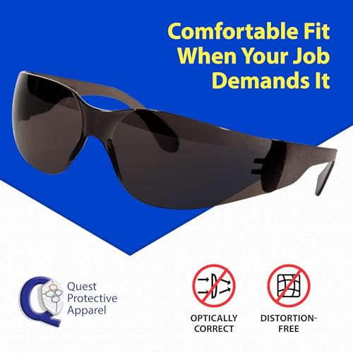 Quest Anti-Fog Safety Glasses, Polycarbonate Eye Protection, Men & Women | Anti-fog safety goggles for shooting, lab and construction; lightweight eye protection - color: Smoke, size: Pack of 6
