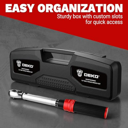 DEKOPRO 26Pcs Bike Torque Wrench Set, 1/4 Inch Drive Torque Wrench, 20-200 IN.LB(2.3-22.2 Nm), ±3% Accuracy, 72 Tooth Dual-Direction Adjustable with Socket Bits, for Mountain Bike, Bicycle Repair - size: 1/4 Inch (20-200 in.-lb.)