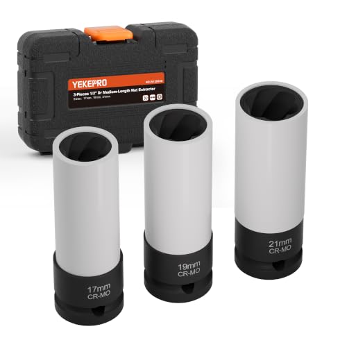 1/2" Drive Impact Twist Socket Set & Bolt Extractor Set, 3PCS 17/19/21MM Non-Marring Thin Wall Impact Sockets, Medium-Length Deep Wheel Protector Socket Set, CR-MO Lug Nut Remover