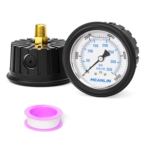 MEANLIN MEASURE 0~5000Psi Stainless Steel Liquid Filled Pressure Gauge 1/4" NPT 2.5" FACE DIAL with Rubber Protective Sleeve, Center Back Mount - size: 0-5000Psi