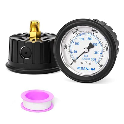 MEANLIN MEASURE 0~5000Psi Stainless Steel Liquid Filled Pressure Gauge 1/4" NPT 2.5" FACE DIAL with Rubber Protective Sleeve, Center Back Mount - size: 0-5000Psi