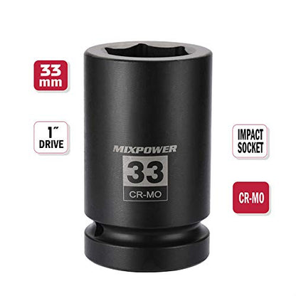 MIXPOWER 1 Inch Drive Deep Impact Socket, CR-MO, 33mm, 6 Point, Radius Corner Design, Chamfered Opening, Axle Nut Impact Grade Socket for Easy Removal - size: 33mm (1 Piece)