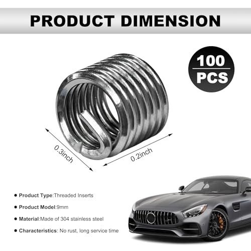 100PCS Thread Repair Insert, M6 × 1.0 × 1.5D Helicoil Metric Thread Sleeve Steel Sheaths Wire Thread Inserts, 304 Stainless Steel Helicoil Coiled Wire Screw Thread Repair Kit - color: 9mm