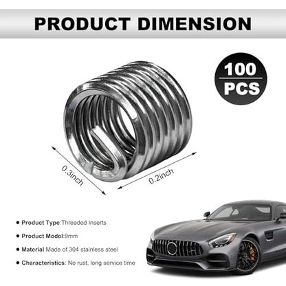 100PCS Thread Repair Insert, M6 × 1.0 × 1.5D Helicoil Metric Thread Sleeve Steel Sheaths Wire Thread Inserts, 304 Stainless Steel Helicoil Coiled Wire Screw Thread Repair Kit - color: 9mm