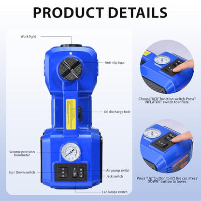 Electric Car Jack kit 5 Ton 12V Electric Floor Jack Lift for Vehicle, Electric Hydraulic Jack Auto Repair Tool Set with Built-in Inflator and Impact Wrench for SUV Sedan Truck Tire Change Blue
