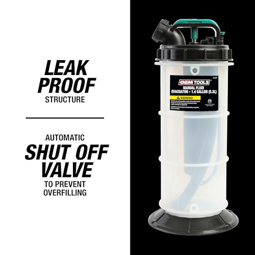 OEMTOOLS Manual Fluid Extractor Pump, 5.3L Oil Extractor, 5-Foot Hose | 41" Extended Dipstick Hose Adapters, Oversized Handle, Overflow Shutoff Valve, Leak Proof Bottom for Low Viscosity Fluids - size: 5.3 Liter