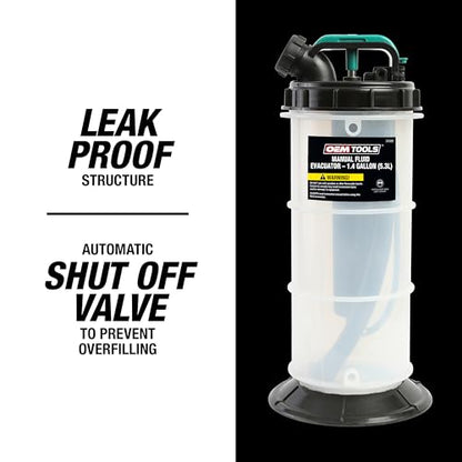 OEMTOOLS Manual Fluid Extractor Pump, 5.3L Oil Extractor, 5-Foot Hose | 41" Extended Dipstick Hose Adapters, Oversized Handle, Overflow Shutoff Valve, Leak Proof Bottom for Low Viscosity Fluids - size: 5.3 Liter