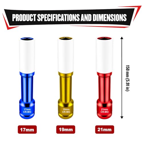 YIYITOOLS 3Pcs 1/2" Drive Impact Lug Nut Socket Set, 150mm Extra Long Deep Sockets, 6-Point Thin Wall Sockets (17 19 21mm), CR-MO, Non-Marring & Anti-Scratch for Wheel Lug Nut Remover - size: 3Pcs (Extra Long)
