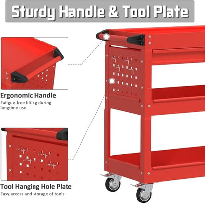 3 Tray Rolling Tool Cart with Drawers, 400 LBS Capacity Mechanic Tool Cart on Wheels, Heavy Duty Utility Cart with Pegboard for Garage, Warehouse and Repair Shop, Red - color: Red