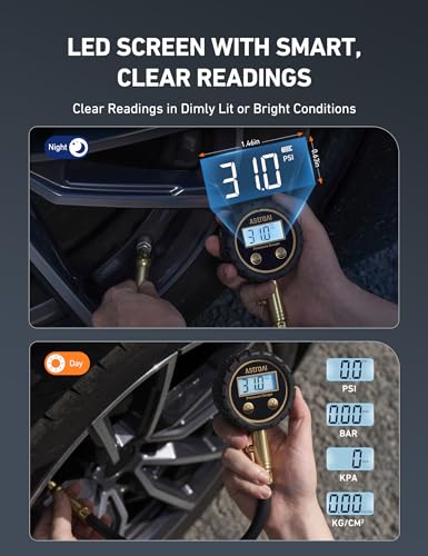 AstroAI Tire Pressure Gauge for Cars with Backlit LED, Solid Brass with Rubber Hose, Air Bleeder Valve, ANSI B40.7 Grade 2A(±0.5%), 3-250PSI - size: 3-250PSI