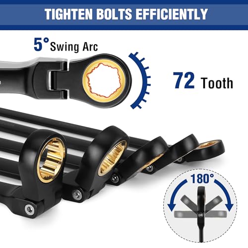 WORKPRO Extra Long Flex-Head Ratcheting Wrench Set, 5-piece Anti-Slip Double Box Wrenches Set, Metric 8-19 mm, 72-Teeth, Cr-V Steel and Black Electrophoretic Coating Wrenches with Rolling Pouch - size: Metric