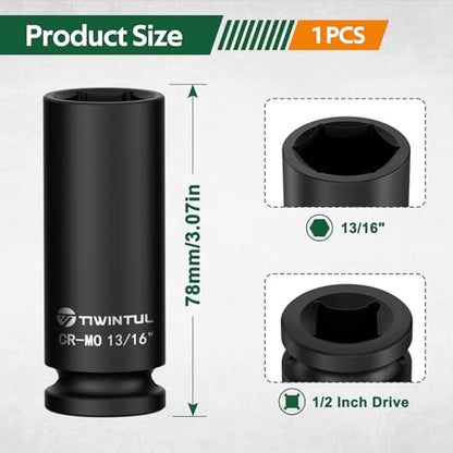 13/16" Deep Impact Socket 1/2" Drive for Hub Nuts & Wheel Bearings | CR-MO Steel Impact Socket, 3.07" Length, 6 Point Design, SAE Socket for Automotive and Construction Equipment Maintenance - size: 13/16" (Deep)
