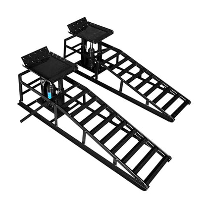Car Ramps, 2 Pack 11000Lbs 5-ton Hydraulic Truck Ramp Lift, Automotive Low Profile Oil Change Service Ramps with Support Jack for Vehicle Garage Repair, Adjusted Height Range 9.8 to 15 Inches - color: Black