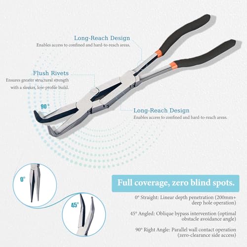13 Inch 3-PC Needle Nose Pliers Set: Multi-Angle Access with Straight, 45°, and 90° Tips for Precision Work in Confined Areas